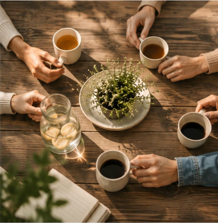Varias manos con tazas de café alrededor de una mesa de madera